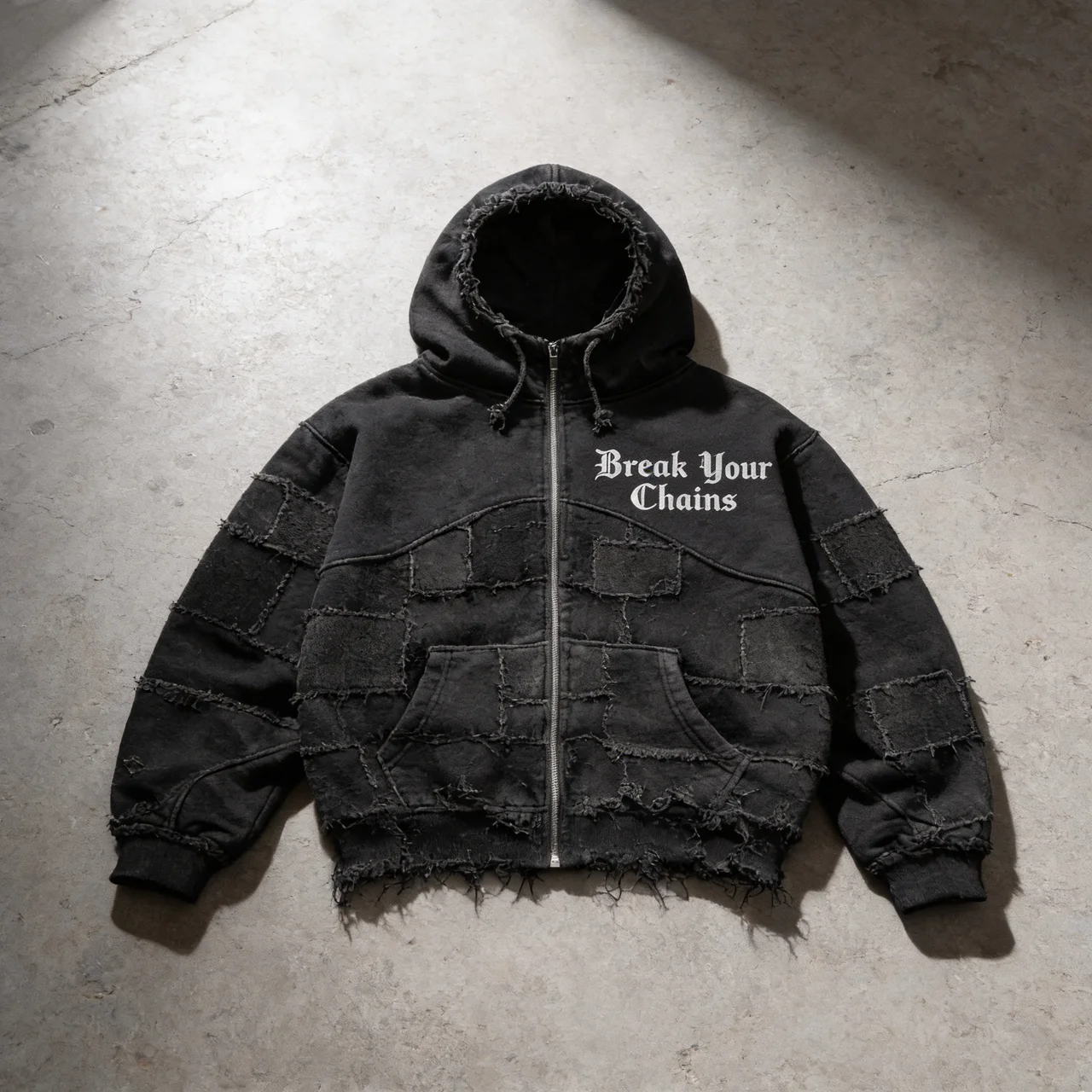 Unchained Patchwork Black - Distressed Cropped Hoodie