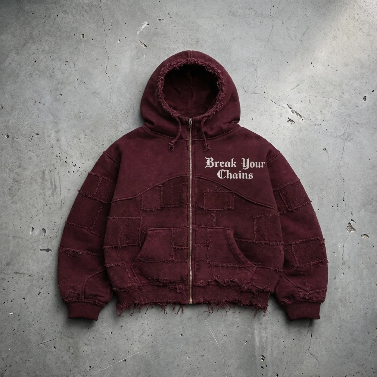 Unchained Patchwork Red - Distressed Cropped Hoodie