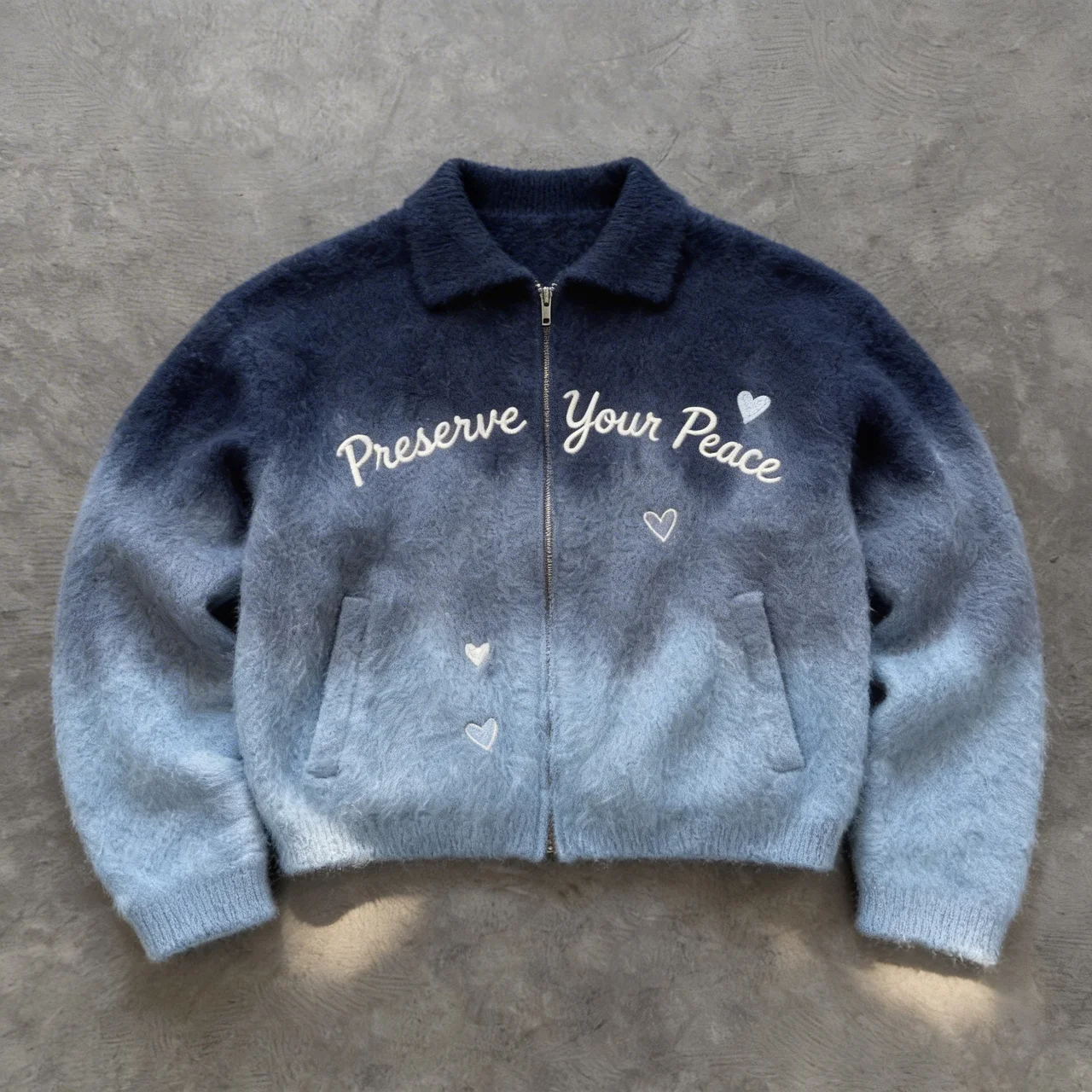 Serenity Fade – Embroidered Gradient Zip Jacket